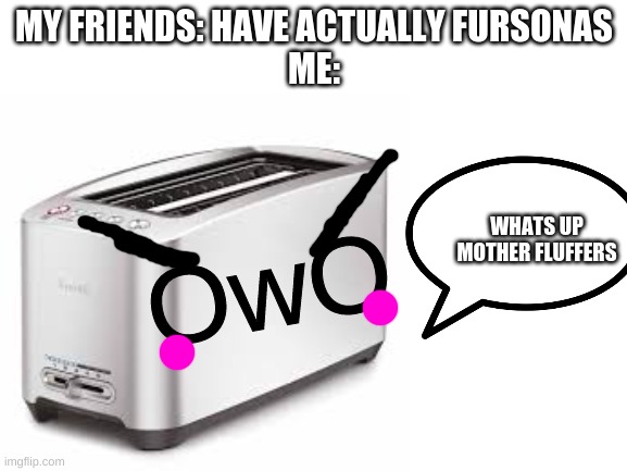 MY FRIENDS: HAVE ACTUALLY FURSONAS
ME:; OwO; WHATS UP MOTHER FLUFFERS | made w/ Imgflip meme maker