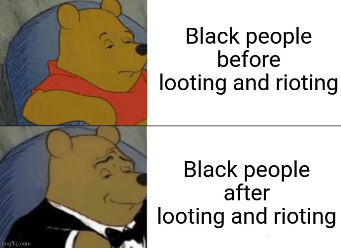 Tuxedo Winnie The Pooh | Black people before looting and rioting; Black people after looting and rioting | image tagged in memes,tuxedo winnie the pooh | made w/ Imgflip meme maker