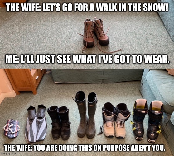 Snow shoes | THE WIFE: LET’S GO FOR A WALK IN THE SNOW! ME: L’LL JUST SEE WHAT I’VE GOT TO WEAR. THE WIFE: YOU ARE DOING THIS ON PURPOSE AREN’T YOU. | image tagged in snowjoke | made w/ Imgflip meme maker