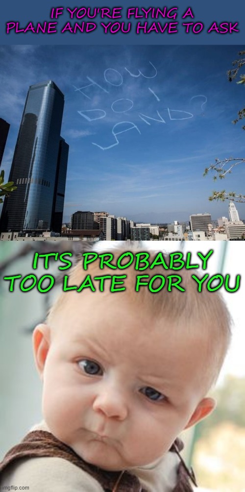 It's time for a "crash course"... |  IF YOU'RE FLYING A PLANE AND YOU HAVE TO ASK; IT'S PROBABLY TOO LATE FOR YOU | image tagged in how do i land,memes,skeptical baby,too late,crash course | made w/ Imgflip meme maker