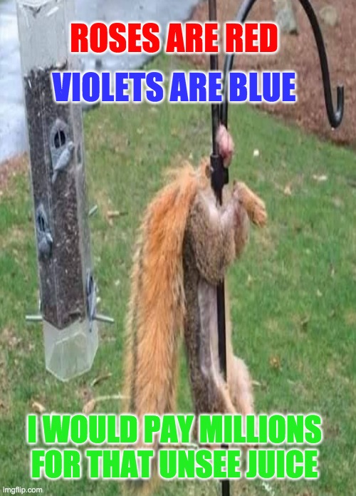 Oh my god I can FEEL IT RIGHT NOW!!! | ROSES ARE RED; VIOLETS ARE BLUE; I WOULD PAY MILLIONS FOR THAT UNSEE JUICE | image tagged in dark humor,pass the unsee juice my bro,oh my god | made w/ Imgflip meme maker