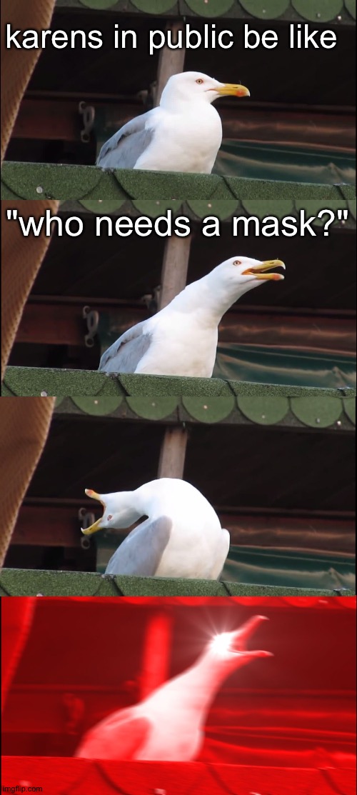 karens be like | karens in public be like; "who needs a mask?" | image tagged in memes,inhaling seagull,karen,covid-19 | made w/ Imgflip meme maker