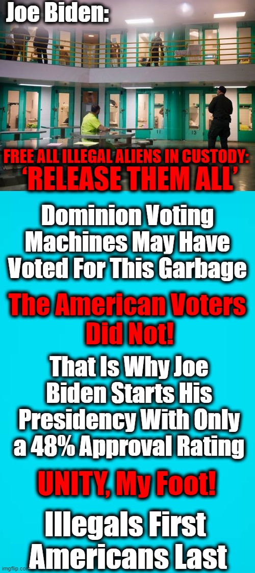 UNEMPLOYED? Here's Your Competition.... | Joe Biden:; FREE ALL ILLEGAL ALIENS IN CUSTODY:; ‘RELEASE THEM ALL’; Dominion Voting Machines May Have Voted For This Garbage; The American Voters 
Did Not! That Is Why Joe Biden Starts His Presidency With Only a 48% Approval Rating; UNITY, My Foot! Illegals First 

Americans Last | image tagged in politics,joe biden,democratic socialism,illegal aliens,criminals,insanity | made w/ Imgflip meme maker