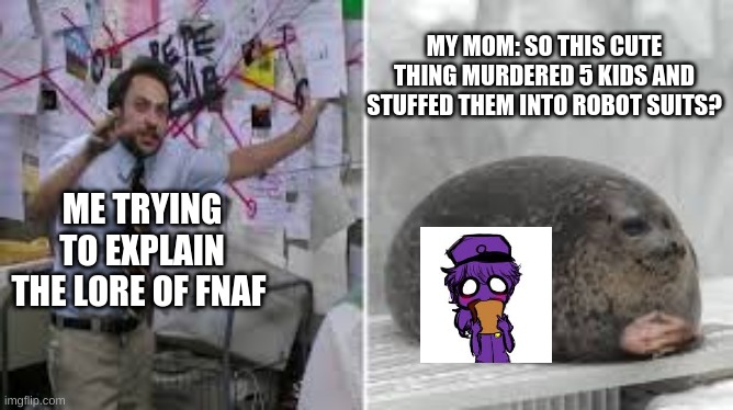 Oof | MY MOM: SO THIS CUTE THING MURDERED 5 KIDS AND STUFFED THEM INTO ROBOT SUITS? ME TRYING TO EXPLAIN THE LORE OF FNAF | image tagged in fnaf | made w/ Imgflip meme maker
