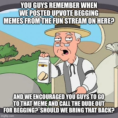 Just a proposal.  It’s been a while |  YOU GUYS REMEMBER WHEN WE POSTED UPVOTE BEGGING MEMES FROM THE FUN STREAM ON HERE? AND WE ENCOURAGED YOU GUYS TO GO TO THAT MEME AND CALL THE DUDE OUT FOR BEGGING?  SHOULD WE BRING THAT BACK? | image tagged in memes,pepperidge farm remembers,funny | made w/ Imgflip meme maker