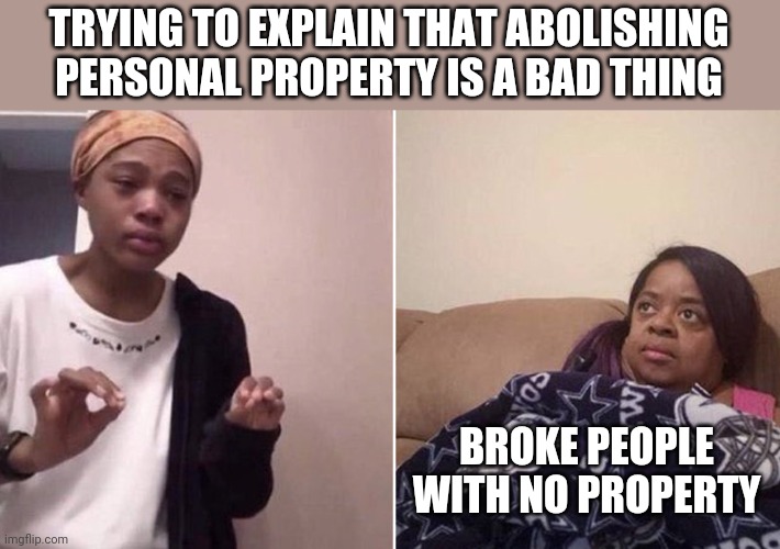 Me explaining to my mom | TRYING TO EXPLAIN THAT ABOLISHING PERSONAL PROPERTY IS A BAD THING; BROKE PEOPLE WITH NO PROPERTY | image tagged in me explaining to my mom | made w/ Imgflip meme maker
