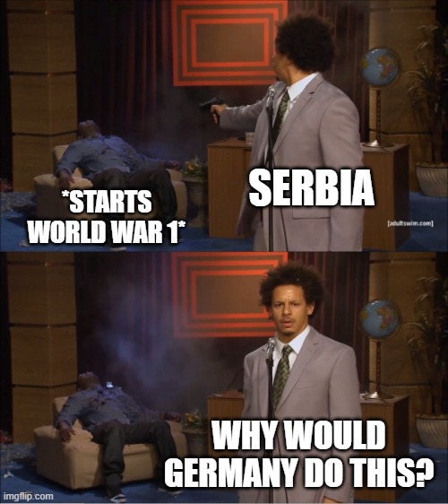 Treaty of Versailles be like: | SERBIA; *STARTS WORLD WAR 1*; WHY WOULD GERMANY DO THIS? | image tagged in memes,who killed hannibal | made w/ Imgflip meme maker