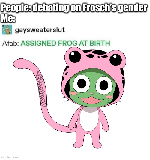 Frosch’s gender - Fairy Tail Meme | People: debating on Frosch’s gender
Me: | image tagged in fairy tail,fairy tail meme,sabertooth,frosch,frosch fairy tail,frosch thinks so too | made w/ Imgflip meme maker