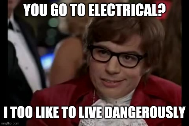 I Too Like To Live Dangerously | YOU GO TO ELECTRICAL? I TOO LIKE TO LIVE DANGEROUSLY | image tagged in memes,i too like to live dangerously | made w/ Imgflip meme maker