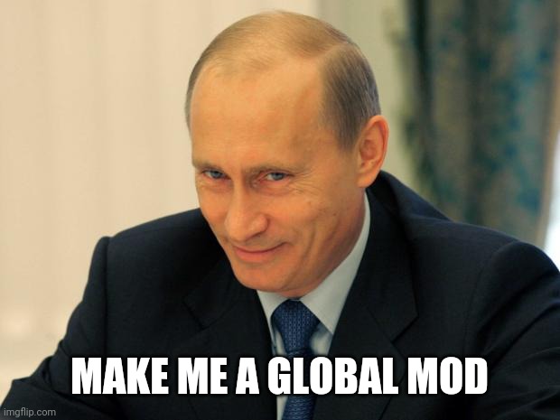 vladimir putin smiling | MAKE ME A GLOBAL MOD | image tagged in vladimir putin smiling | made w/ Imgflip meme maker