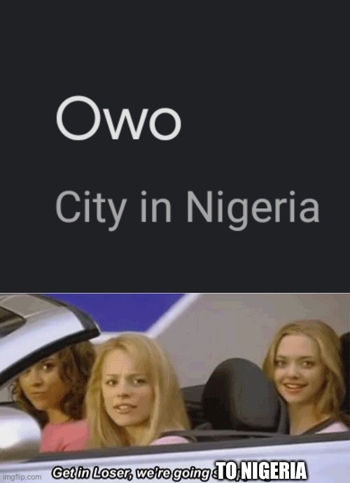 TO NIGERIA | image tagged in get in loser we're going shopping | made w/ Imgflip meme maker