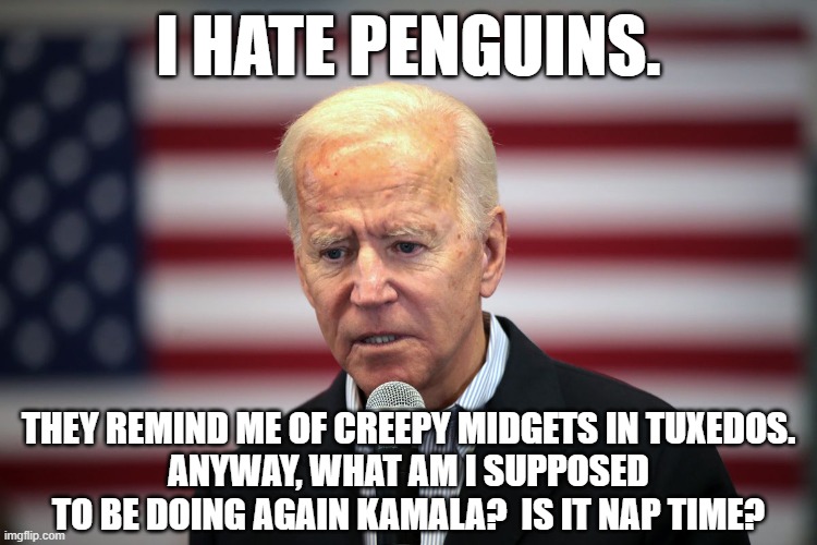 I HATE PENGUINS. THEY REMIND ME OF CREEPY MIDGETS IN TUXEDOS.
ANYWAY, WHAT AM I SUPPOSED TO BE DOING AGAIN KAMALA?  IS IT NAP TIME? | made w/ Imgflip meme maker