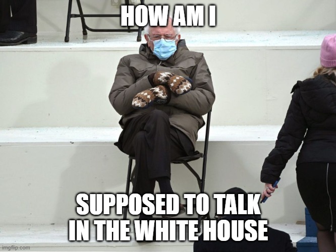 Bernie Sanders Mittens | HOW AM I; SUPPOSED TO TALK IN THE WHITE HOUSE | image tagged in bernie sanders mittens | made w/ Imgflip meme maker