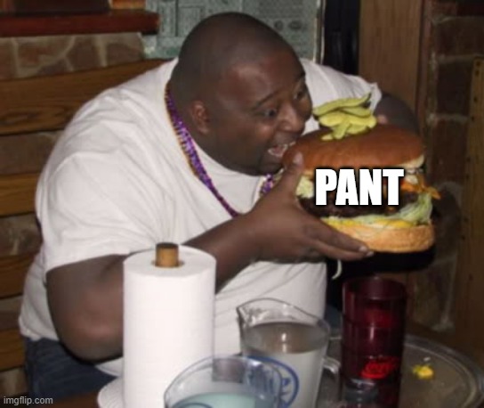Fat guy eating burger | PANT | image tagged in fat guy eating burger | made w/ Imgflip meme maker