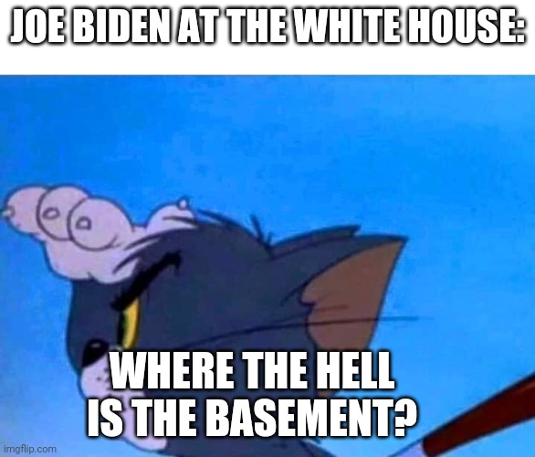 Tom looking for something | JOE BIDEN AT THE WHITE HOUSE:; WHERE THE HELL IS THE BASEMENT? | image tagged in tom looking for something | made w/ Imgflip meme maker