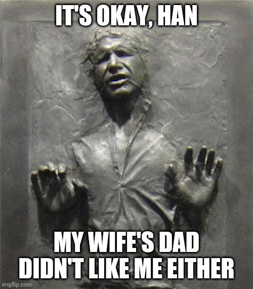 The real reason he got frozen | IT'S OKAY, HAN; MY WIFE'S DAD DIDN'T LIKE ME EITHER | image tagged in han solo frozen carbonite | made w/ Imgflip meme maker