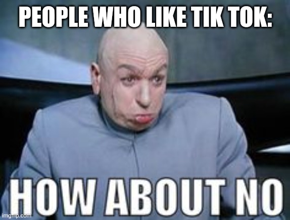 Dr Evil how about no. | PEOPLE WHO LIKE TIK TOK: | image tagged in dr evil how about no | made w/ Imgflip meme maker