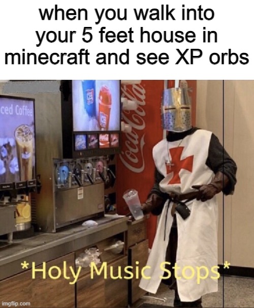 no...not him | when you walk into your 5 feet house in minecraft and see XP orbs | image tagged in holy music stops | made w/ Imgflip meme maker