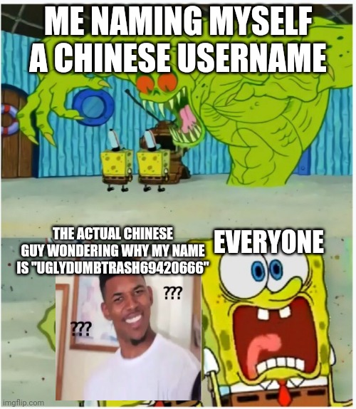 SpongeBob SquarePants scared but also not scared | ME NAMING MYSELF A CHINESE USERNAME; EVERYONE; THE ACTUAL CHINESE GUY WONDERING WHY MY NAME IS "UGLYDUMBTRASH69420666" | image tagged in spongebob squarepants scared but also not scared | made w/ Imgflip meme maker