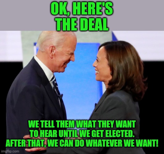 Biden Harris | OK, HERE'S THE DEAL WE TELL THEM WHAT THEY WANT TO HEAR UNTIL WE GET ELECTED. AFTER THAT, WE CAN DO WHATEVER WE WANT! | image tagged in biden harris | made w/ Imgflip meme maker