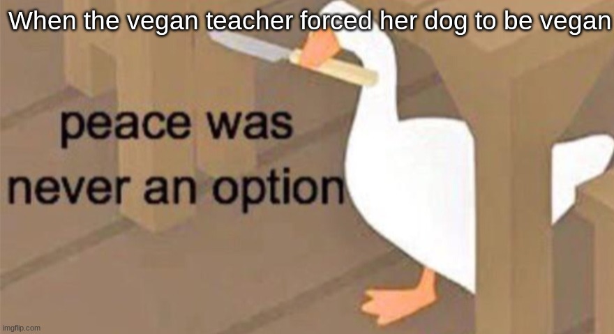 Untitled Goose Peace Was Never an Option |  When the vegan teacher forced her dog to be vegan | image tagged in untitled goose peace was never an option | made w/ Imgflip meme maker