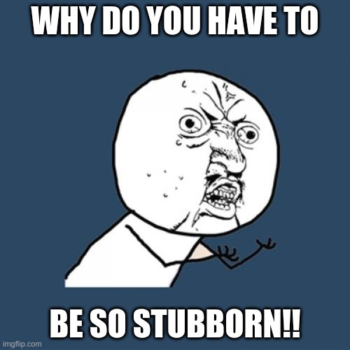 Stubborn | WHY DO YOU HAVE TO; BE SO STUBBORN!! | image tagged in memes,y u no | made w/ Imgflip meme maker