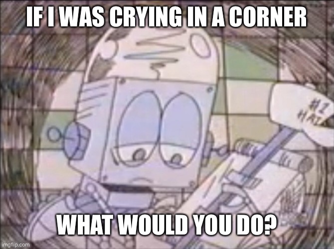 Haha, idea loss go brr | IF I WAS CRYING IN A CORNER; WHAT WOULD YOU DO? | image tagged in sad robot jones | made w/ Imgflip meme maker