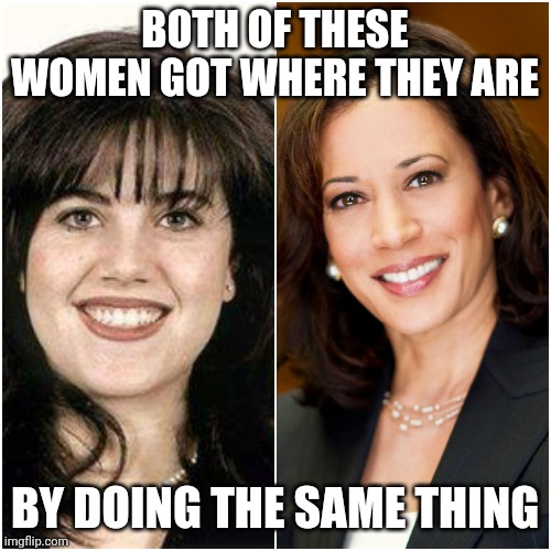 BOTH OF THESE WOMEN GOT WHERE THEY ARE; BY DOING THE SAME THING | image tagged in kamala harris,monica lewinsky | made w/ Imgflip meme maker