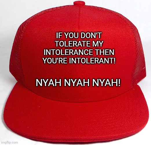 Traitor Trump Red Hat | IF YOU DON'T TOLERATE MY INTOLERANCE THEN YOU'RE INTOLERANT! NYAH NYAH NYAH! | image tagged in traitor trump red hat | made w/ Imgflip meme maker
