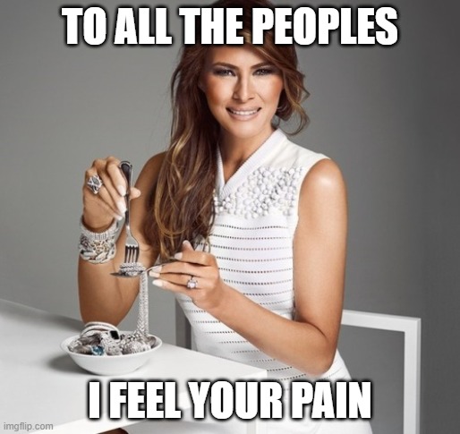 Melania | TO ALL THE PEOPLES; I FEEL YOUR PAIN | image tagged in melania,wealth,pigs,obscene,trump | made w/ Imgflip meme maker