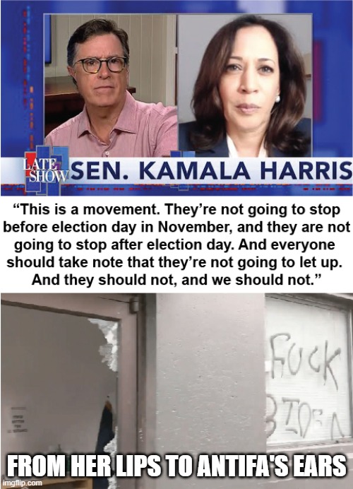 Oh well, let's elect her anyway. What could go wrong? | FROM HER LIPS TO ANTIFA'S EARS | image tagged in kamala harris,antifa,late show,memes | made w/ Imgflip meme maker