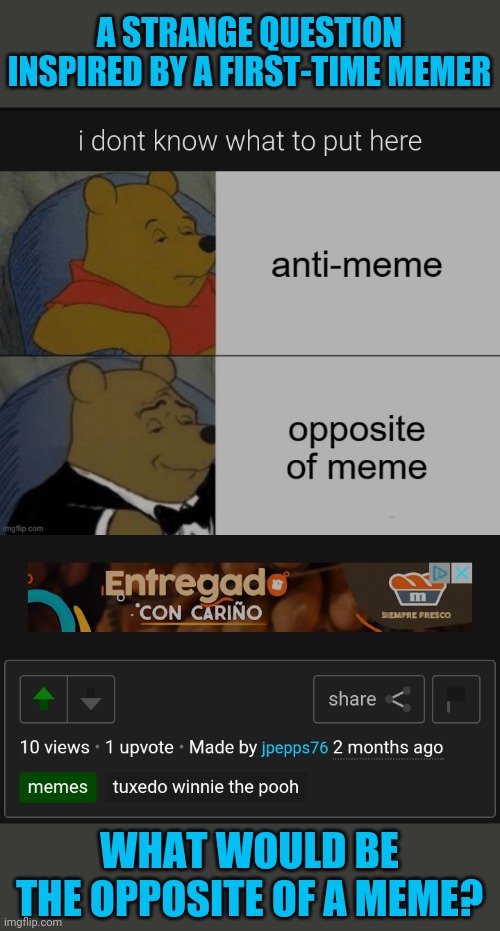Credit to jpepps76 | A STRANGE QUESTION INSPIRED BY A FIRST-TIME MEMER; WHAT WOULD BE THE OPPOSITE OF A MEME? | image tagged in philosophy,weird stuff,memers,stealing memes,thinking meme,now reality can be whatever i want | made w/ Imgflip meme maker