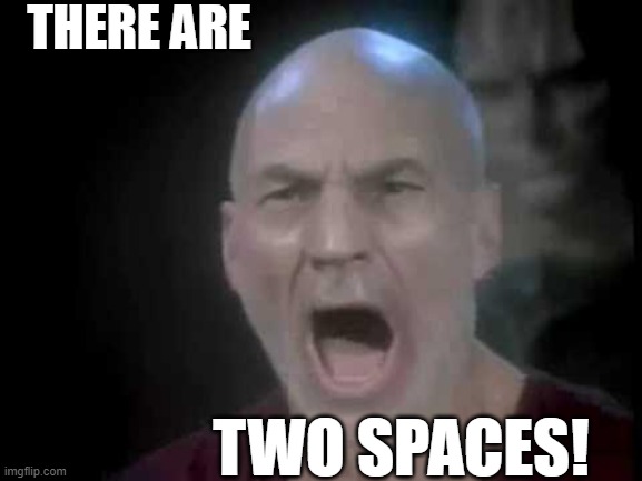 Picard Four Lights | THERE ARE; TWO SPACES! | image tagged in picard four lights | made w/ Imgflip meme maker