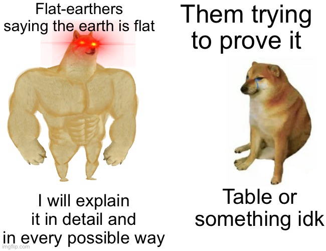 Buff Doge vs. Cheems | Flat-earthers saying the earth is flat; Them trying to prove it; Table or something idk; I will explain it in detail and in every possible way | image tagged in memes,buff doge vs cheems,flat earth,lol,funny,round earth | made w/ Imgflip meme maker