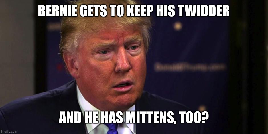 Sad Trump | BERNIE GETS TO KEEP HIS TWIDDER; AND HE HAS MITTENS, TOO? | image tagged in sad trump | made w/ Imgflip meme maker