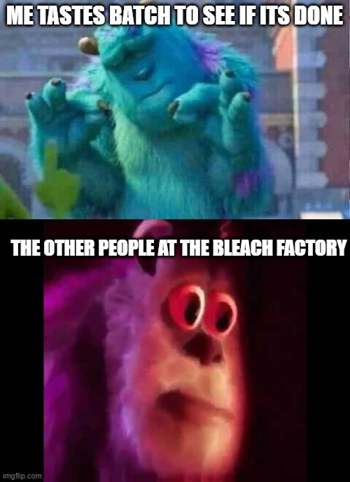 Delicious, wait what | ME TASTES BATCH TO SEE IF ITS DONE; THE OTHER PEOPLE AT THE BLEACH FACTORY | image tagged in sully shutdown,sully groan,yes | made w/ Imgflip meme maker