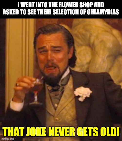 Flower shop | I WENT INTO THE FLOWER SHOP AND ASKED TO SEE THEIR SELECTION OF CHLAMYDIAS; THAT JOKE NEVER GETS OLD! | image tagged in memes,laughing leo | made w/ Imgflip meme maker