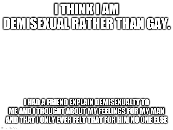 Blank White Template | I THINK I AM DEMISEXUAL RATHER THAN GAY. I HAD A FRIEND EXPLAIN DEMISEXUALTY TO ME AND I THOUGHT ABOUT MY FEELINGS FOR MY MAN AND THAT I ONLY EVER FELT THAT FOR HIM NO ONE ELSE | image tagged in blank white template | made w/ Imgflip meme maker