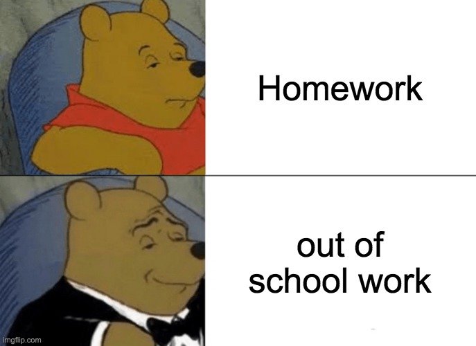 Tuxedo Winnie The Pooh | Homework; out of school work | image tagged in memes,tuxedo winnie the pooh | made w/ Imgflip meme maker