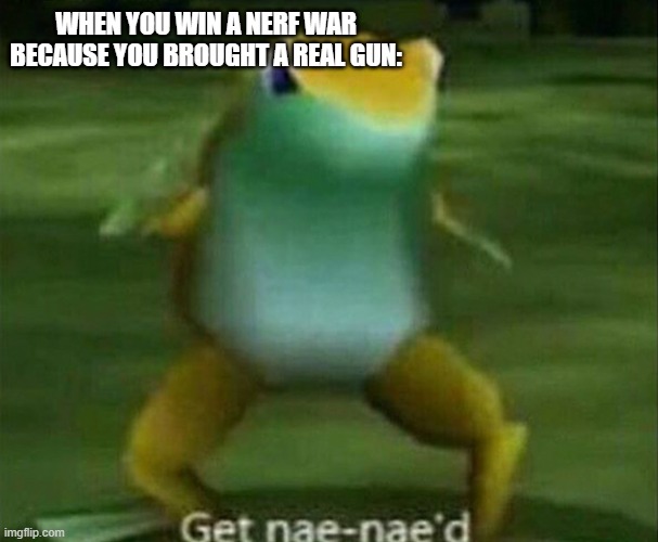 Get nae-nae'd | WHEN YOU WIN A NERF WAR BECAUSE YOU BROUGHT A REAL GUN: | image tagged in get nae-nae'd,gun,nerf | made w/ Imgflip meme maker