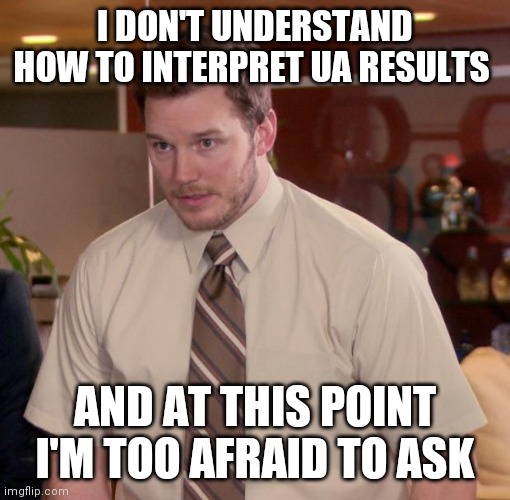 Chris Pratt meme | I DON'T UNDERSTAND HOW TO INTERPRET UA RESULTS; AND AT THIS POINT I'M TOO AFRAID TO ASK | image tagged in chris pratt meme | made w/ Imgflip meme maker