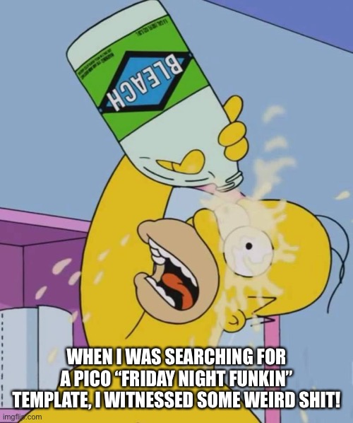 Homer with bleach | WHEN I WAS SEARCHING FOR A PICO “FRIDAY NIGHT FUNKIN” TEMPLATE, I WITNESSED SOME WEIRD SHIT! | image tagged in homer with bleach | made w/ Imgflip meme maker