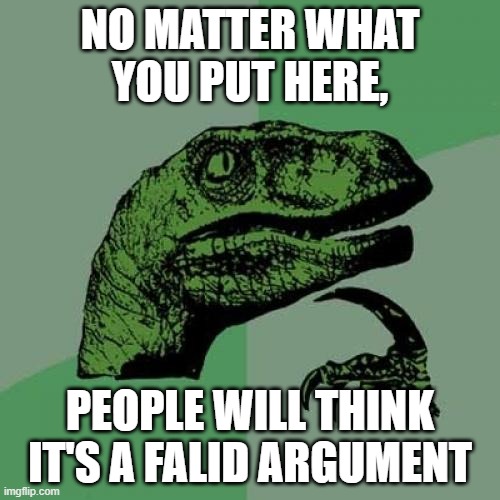 Philosoraptor Meme |  NO MATTER WHAT YOU PUT HERE, PEOPLE WILL THINK IT'S A FALID ARGUMENT | image tagged in memes,philosoraptor | made w/ Imgflip meme maker