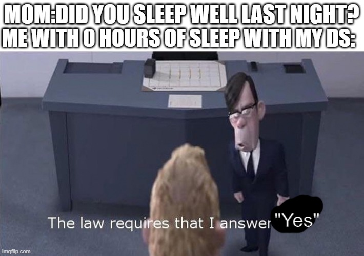 The Law Requires | MOM:DID YOU SLEEP WELL LAST NIGHT? ME WITH 0 HOURS OF SLEEP WITH MY DS:; "Yes" | image tagged in the law requires,sleep,ds,developer's system | made w/ Imgflip meme maker