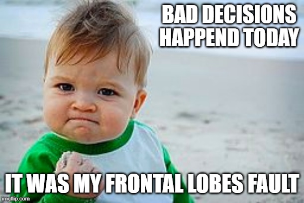BAD DECISIONS HAPPEND TODAY; IT WAS MY FRONTAL LOBES FAULT | image tagged in psychology | made w/ Imgflip meme maker