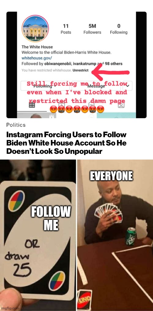 Politics and stuff | EVERYONE; FOLLOW ME | image tagged in memes,uno draw 25 cards | made w/ Imgflip meme maker