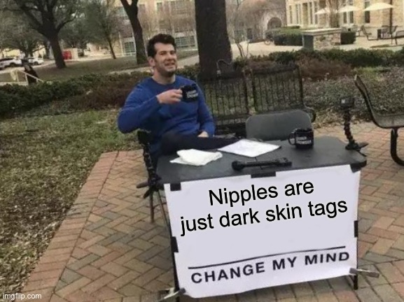 Don’t have these removed at the dermatologist | Nipples are just dark skin tags | image tagged in memes,change my mind,skin tags,nipples | made w/ Imgflip meme maker