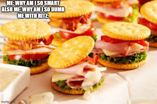 cheese = dumb but meat = smart | ME: WHY AM I SO SMART
ALSO ME: WHY AM I SO DUMB
ME WITH RITZ: | image tagged in crackers,cheese,meat,funny memes,smort,dumb | made w/ Imgflip meme maker