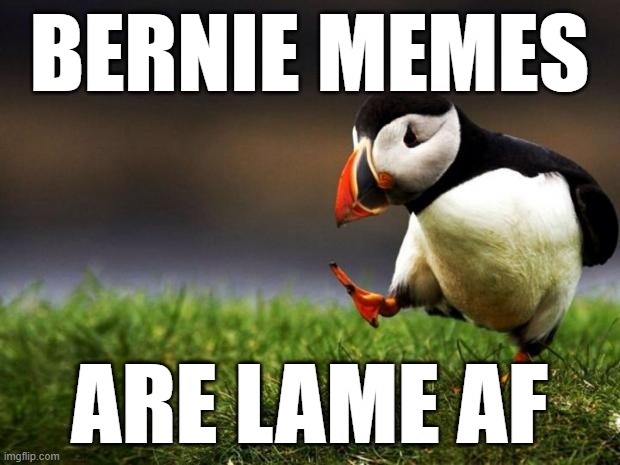 There, I said it. | BERNIE MEMES; ARE LAME AF | image tagged in memes,unpopular opinion puffin | made w/ Imgflip meme maker