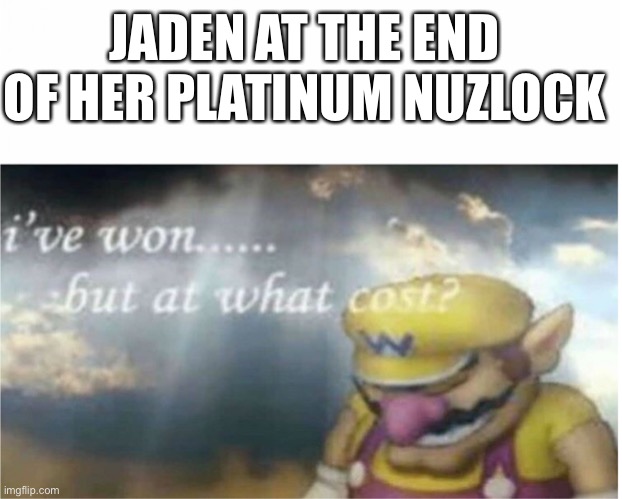I won but at what cost | JADEN AT THE END OF HER PLATINUM NUZLOCK | image tagged in i won but at what cost,jaiden animations | made w/ Imgflip meme maker